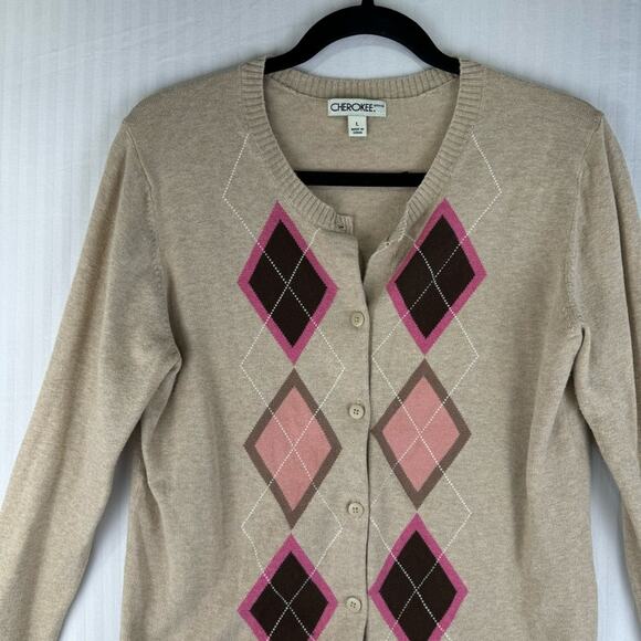 Cherokee Button Up Cardigan Tan Knit Sweater Women Size Large Pink Argyle Print - Picture 6 of 10